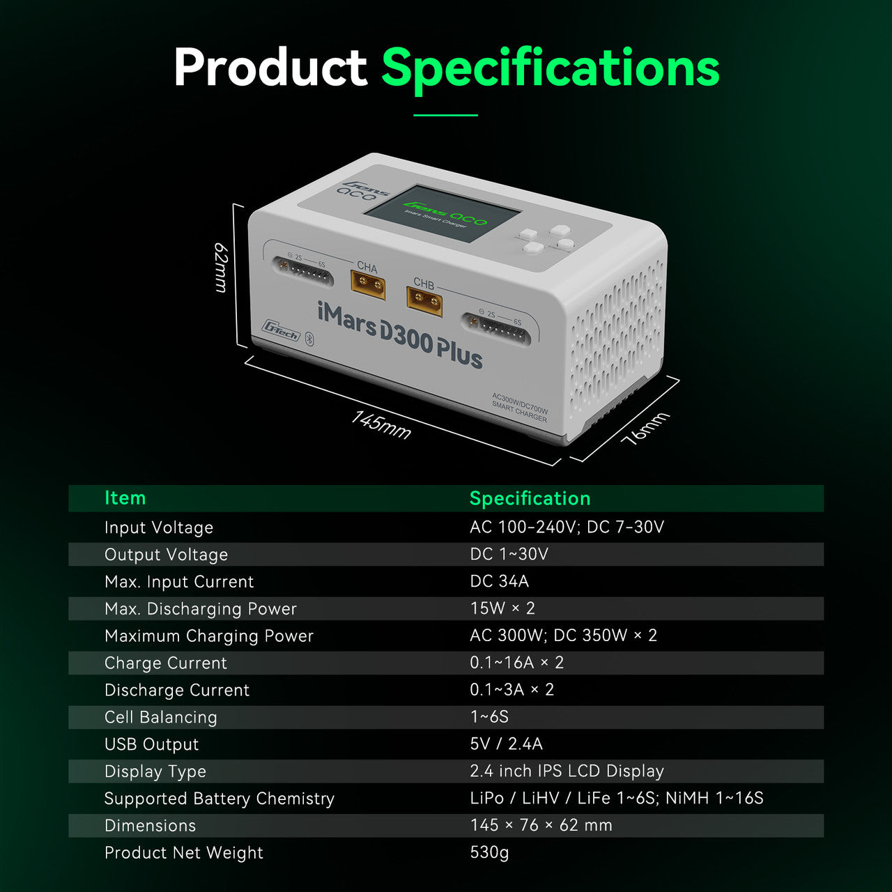 Gens ACE 格氏 iMARS D300 PLUS G-Tech 智能型平衡雙通道鋰電池充電器 1-6S 16A (黑)