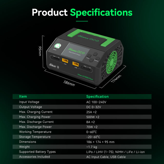 Gens ACE 格氏 iMARS D1000 PLUS G-Tech 1000W 智能平衡雙通道鋰電池充電器 1-7S 25A (黑)